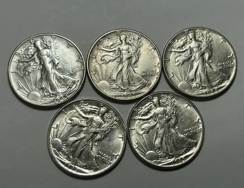 1941 S AU, 1943 AU, 2 1944 AU, 1945 AU WALKING LIBERTY HALF DOLLAR LOT / 5 COINS
