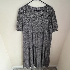 PRETTY GARDEN Tiered Midi Dress Womens XL Black Leopard Puff Sleeve Black White