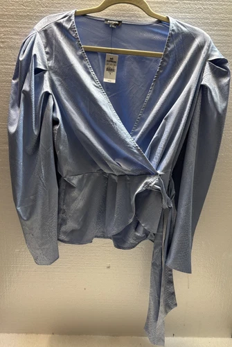 EXPRESS Women’s Size Medium Light Blue Wrap Style Puff Sleeves Peplum Top NWT