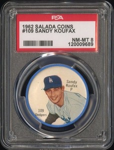 1962 Salada Baseball Coin Pin 109 SANDY KOUFAX LOS ANGELES DODGERS PSA 8 NM-MT