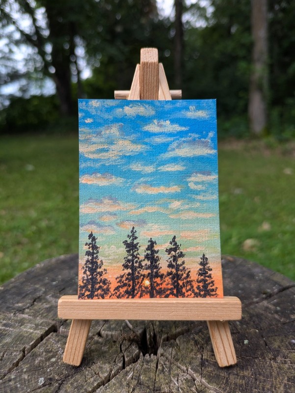 ACEO Original Acrylic Painting Blue Green Ombre Sunset OOAK abasicwitchscrafts 