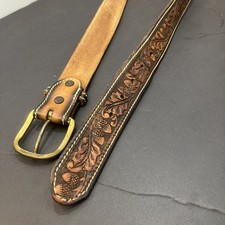 vintage TOOLED buckle belt ACORNS OAK Leaves leather brown WESTERN cowhide