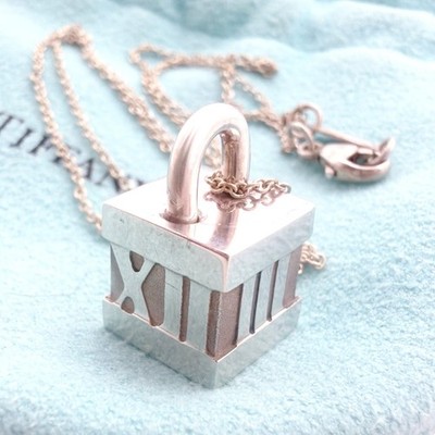Tiffany & Co. Atlas 10mm Padlock Pendant 17'' Chain Necklace Silver 925 w/Pouch
