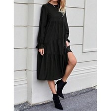 Shein Black Tiered Midi Dress Long Sleeve Ruffle Cuff Womens Small