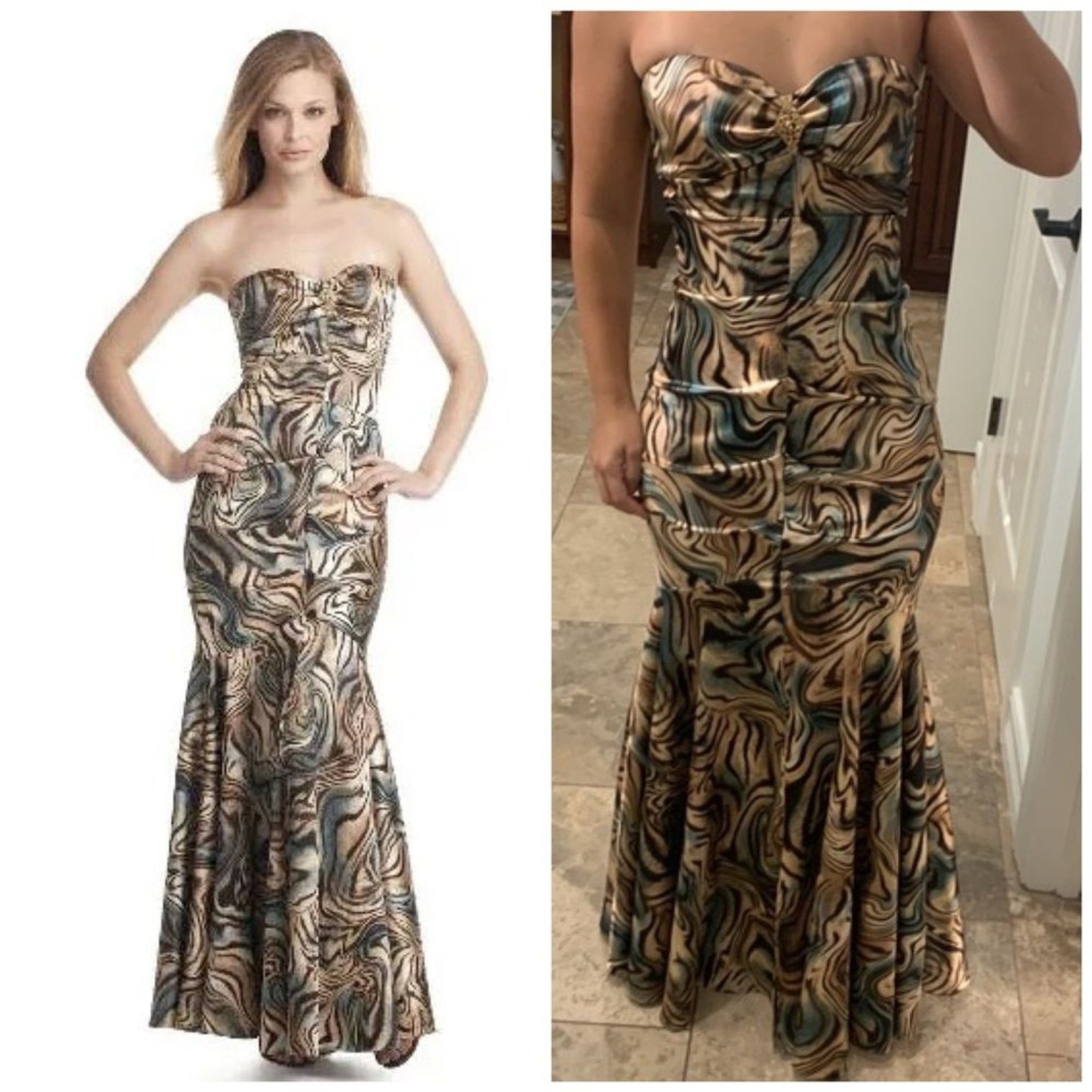 Xscape Strapless Ruched Marble Swirl Gown Size 6 Y2K Rhinestone Forma