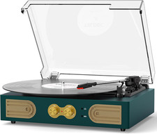 Portable Vinyl Record Player with Built-In Stereo Speakers and Bass Control