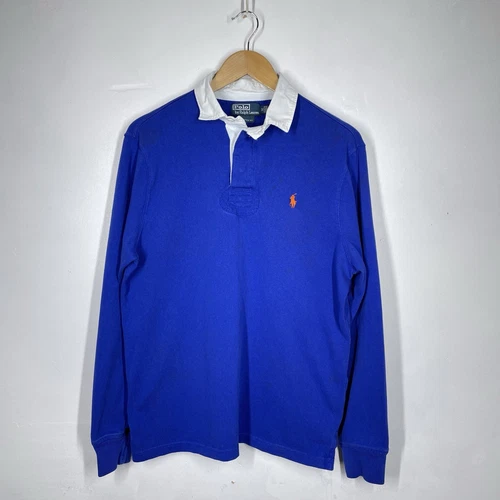 Vintage Polo Ralph Lauren Rugby Shirt Mens M Blue Long Sleeve 90s