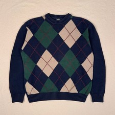 Vintage 90s Dockers Chunky Knit Crewneck Sweater Mens M Argyle Grandpa Prep Ivy