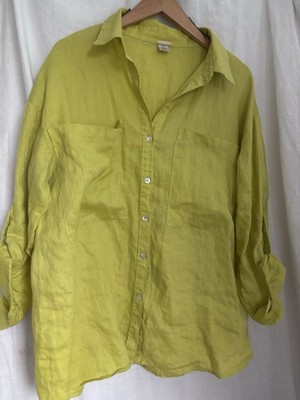 100% Linen Lime Green Button Down Loose Pockets Roll Up Sleeves  Magaschoni  S/P