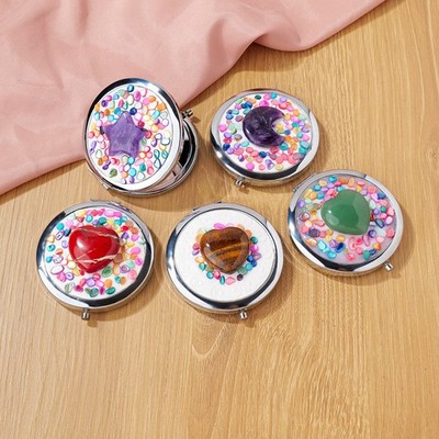 Random 1pc Natural Crystal Compact Mirror Gemstone Decor Portable Makeup Mirror