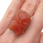 925 Sterling Antique Art Deco Real Orange Jade Carved Floral Ring Size 4.25