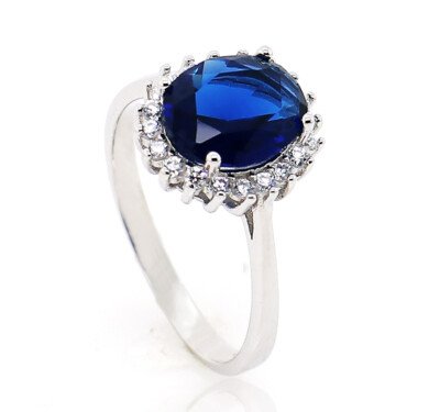 STERLINGSILBER CZ RING DAMEN OVAL SAPHIRBLAU KUBISCH ZIRKONIA HALO KLEIDERRING