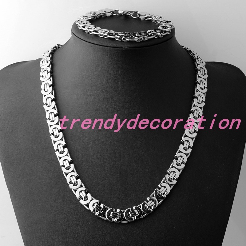 Silver Tone Mens Stainless Steel Vintage Flat Bracelets And Necklace Jewelry Set