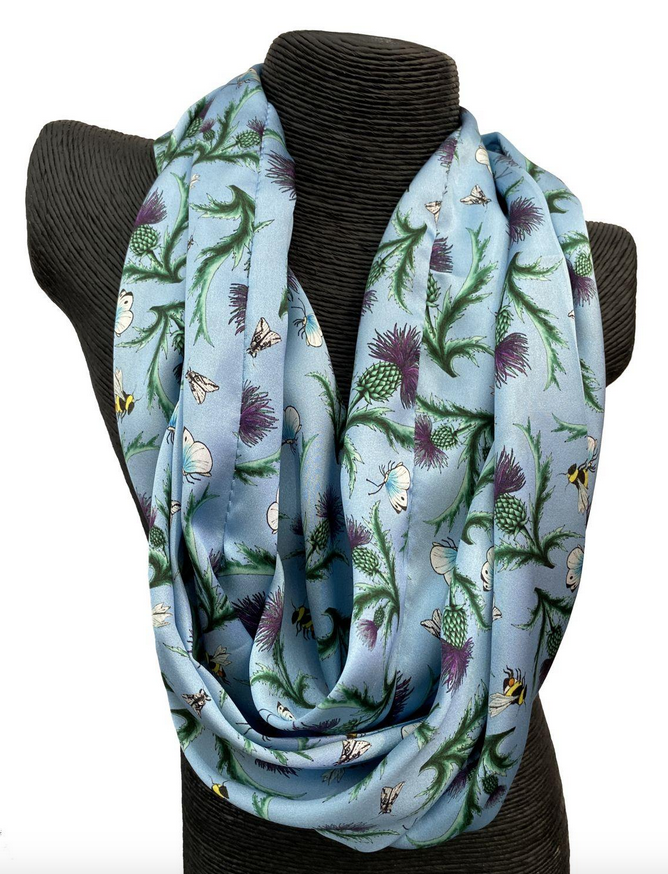 Ladycrow Silks Luxurious Silk Satin Scarf In Cornflower Blue With Thistle  Detail