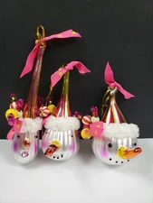 Blown Glass Colorful Snowmen Heads Bows/Beads Christmas Ornament Set of 3 - NWOB
