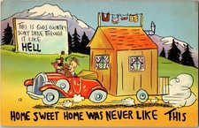 Couple Towing Tiny House Trailer, Driving Fast Vintage Postcard J33