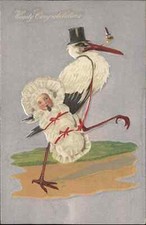 Birth Congratulations Stork Smoking Pipe Carries Baby c1910 Vintage Postcard