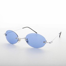 Blue Rimless Oval Colored Lens Vintage 90s Sunglasses - Piper