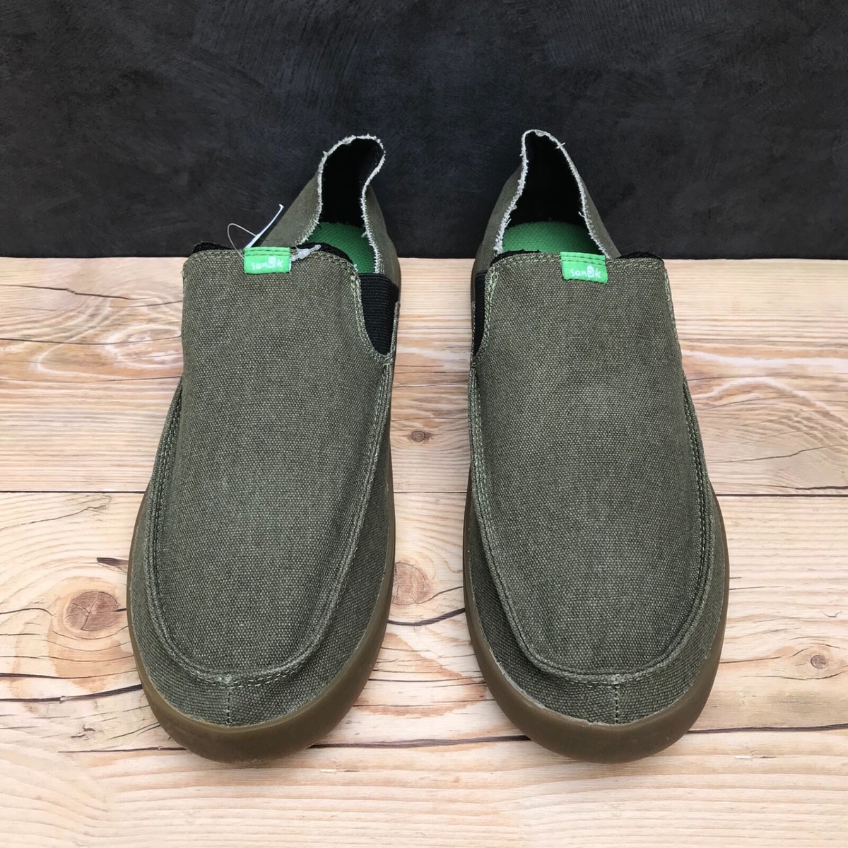 New* Sanuk Men's Pick Pocket Slip-On Sneaker Olive Green/Gum Size