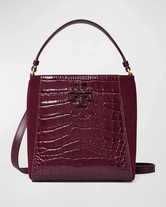 Nuevo Bolso Cubo Pequeño Tory Burch McGraw Croc Cuero Repujado Escarabajo Baya / 500 Foto 2 de 4