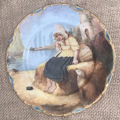 Antique Albin Denk Girl Dog Message Bottle Basket Hand Painted 8.5  Plate Signed