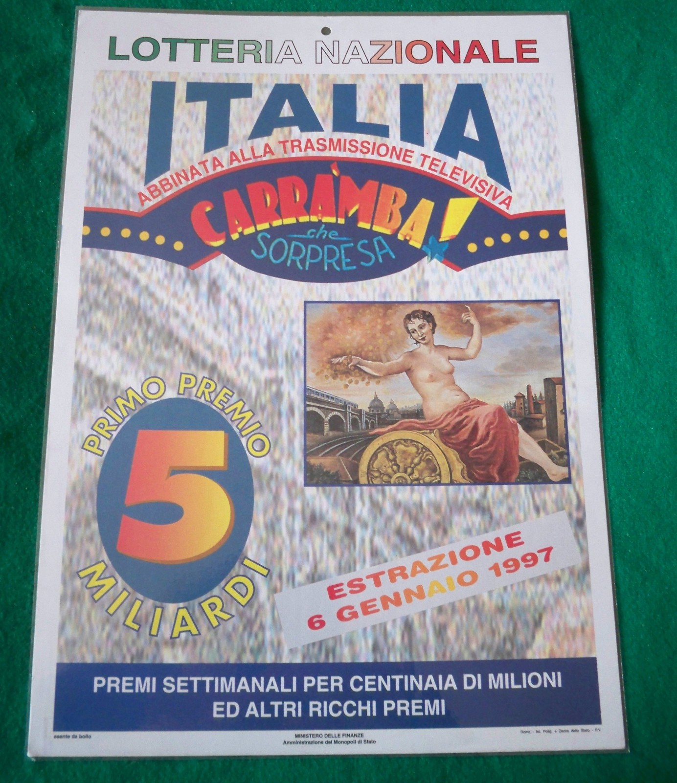 LOCANDINA LOTTERIA NAZIONALE CARAMBA CHE SORPRESA ESTRAZIONE 6 GENNAIO 1997