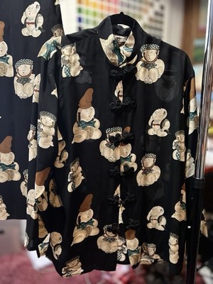 Harari Silk Ciffon Mandarin Collar Black w/Asian Figures Top & Pants Size S