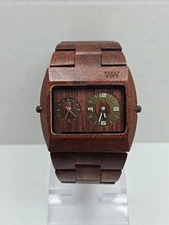 WeWood Jupiter Dual Time Natural Wood Quartz Watch New Battery Brown Rectangular
