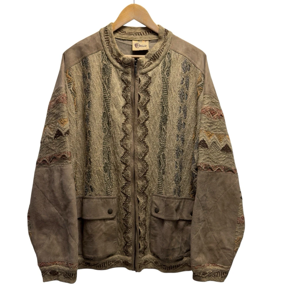 Coogi Classic Vtg Mens XL Full Zip 3D Cable Knit Brown Suede Leather Wool Jacket - Image 2 of 4