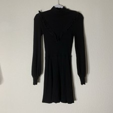 Reformation Womens Black Chapel Long Sleeve Ribbed Ruffle Mini Dress S