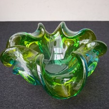 8" Vintage Mid Century 60s Murano Sommerso Ashtray Glass Blue Green Trinket Dish
