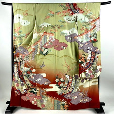 Japanese kimono SILK"FURISODE"GLD Coud,The Gld/Sil leaf, Pale green,L5'4".4666