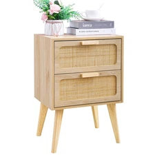 Rattan Nightstand,Boho Bedside with Storage,End Table,Side Table with 2 Hand ...