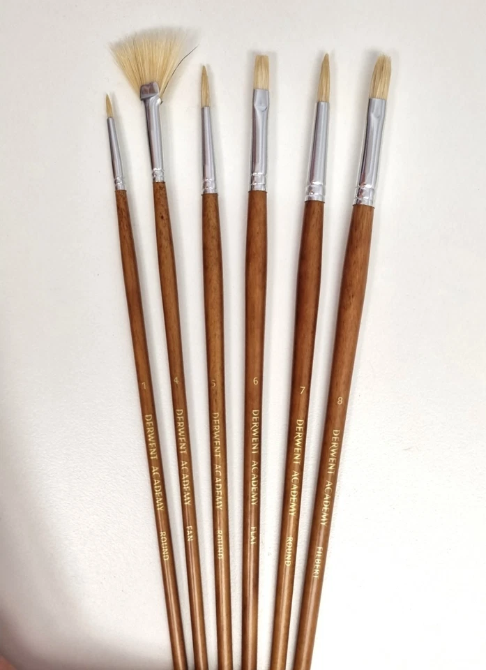 Derwent Academy Hogs Hair Artist Paint Brushes set of 6 Round Flat Filbert Fan - image 2 of 4