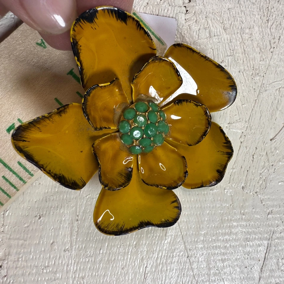 Vintage Enamel Flower Brooch Pin Yellow Green Gemstone Center Statement Floral - Image 4 of 4
