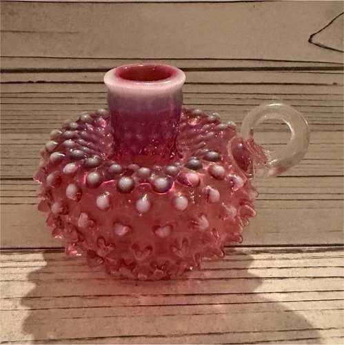 Fenton Pink White Hobnail Glass Candle Holder with Handle