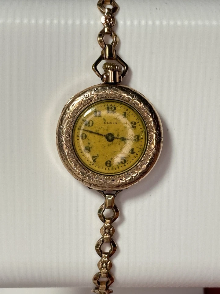 Reloj Bolsillo Pulsera Elgin Lleno de Oro, Regalos Raros De Colección Para Ella, Circa 1918 Foto 3 de 4