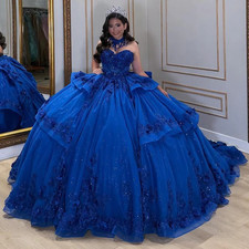 Royal Blue Quinceanera Dresses Off Shoulder 3D Flowers Glitter Ball Gowns