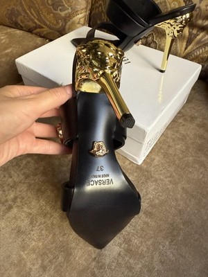 Versace Black Gold Medusa Buckle Pointed Toe Strappy Stiletto Leather Heels