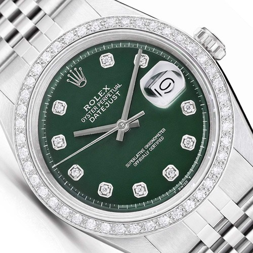 36mm Rolex Datejust 1603 18K White Gold Diamond Bezel Green Dial Steel Jubilee M
