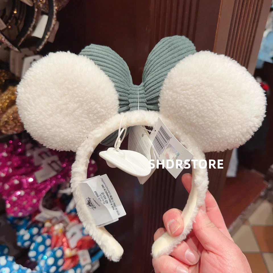 Disney Auténtico Invierno Minnie Mouse Blanco Oreja Diadema Verde Arco Disneyland Foto 2 de 2