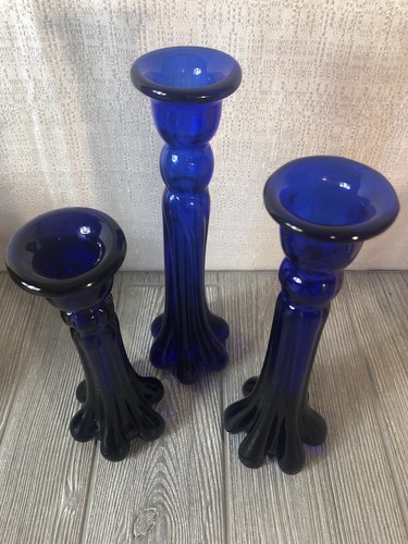 Vintage Cobalt Blue Glass Snowflake Candle Stick Holders Set Of 3 - Picture 2 of 9