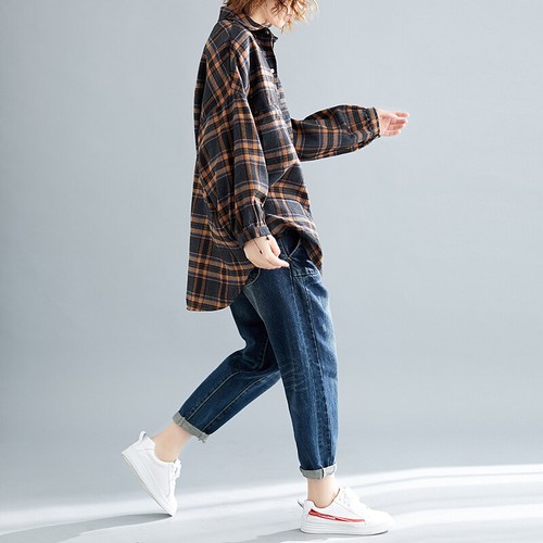 New Women Plaid Shirt Blouse Top Casual Loose Baggy Oversized Retro Classic - Bild 7 von 14