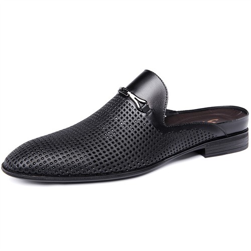 Men's Backless Loafers Black Genuine Leather Mules Slippers Slip on Shoes - Picture 13 of 13