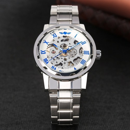 WINNER Fashion Men's Mechanical Steel Band Transparent Skeleton Wrist Watch - Picture 5 of 10