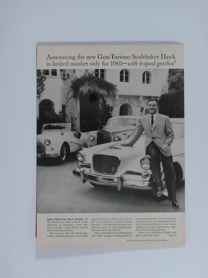 1961 Studebaker Hawk GT-4 Speed # 12 James Mason Vintage Rolls Royce 8.5x 11" - Image 2 of 4