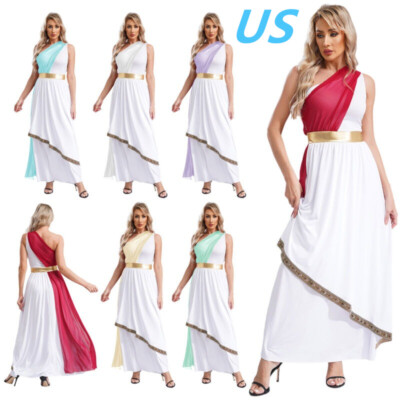 US Women Ancient Greek Toga Costume Roman Toga Caesar One Shoulder Dress Robes