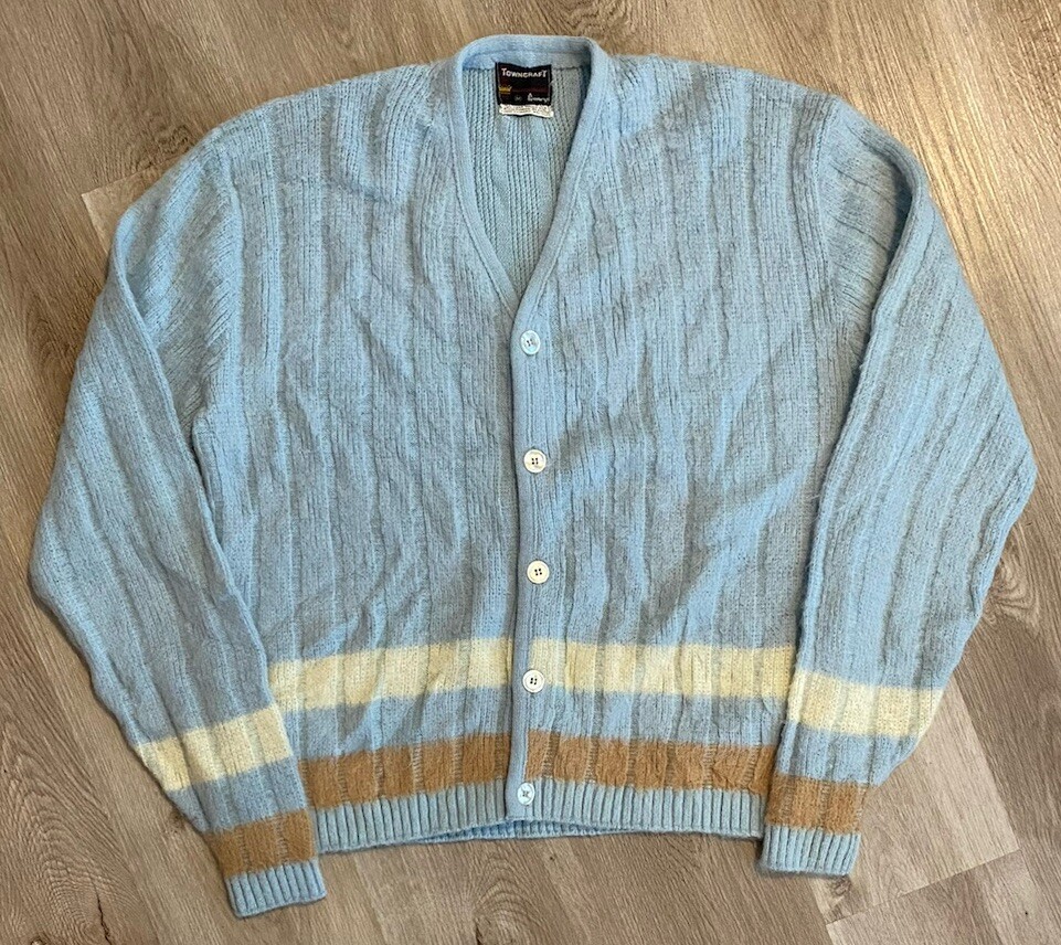 Vtg 70's Towncraft Mohair / Acrylic Button Down Shag Striped Vtg 70's Towncraft Mohair / Acrylic Button Down Shag Striped