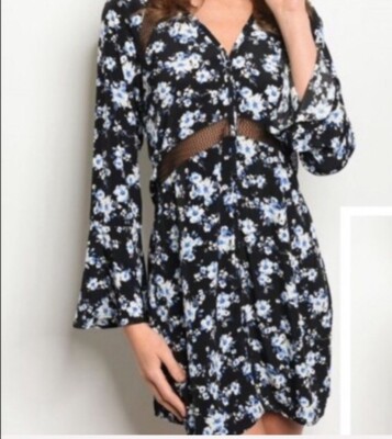 Anthropologie Sugar+Lip Black blue floral button down dress long sleeve Small  