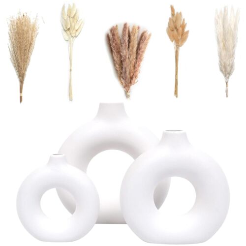 VELOVA Set of 3 White Ceramic Vase with 65 PCS Dried Pampas Grass Flowers Aes...